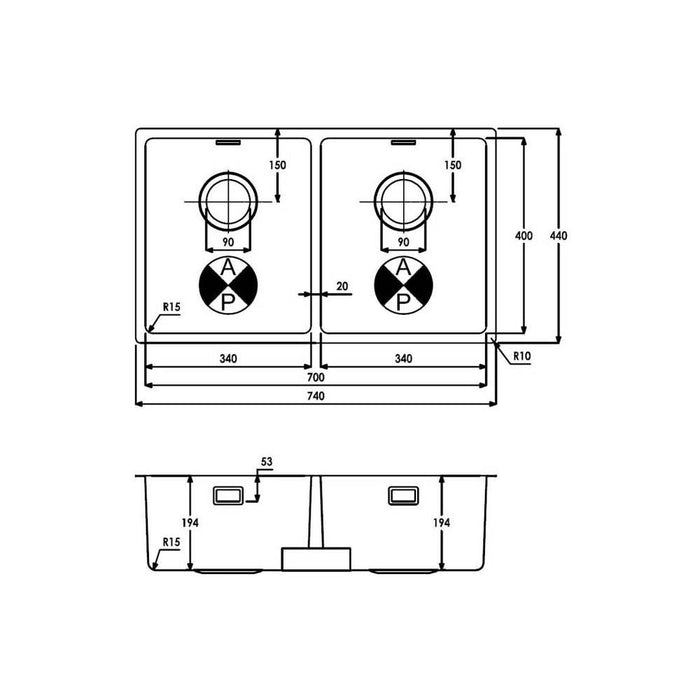 Abode Matrix R15 2 Bowel 700mm Undermount/Inset Sink - Stainless Steel Additional Image - 2